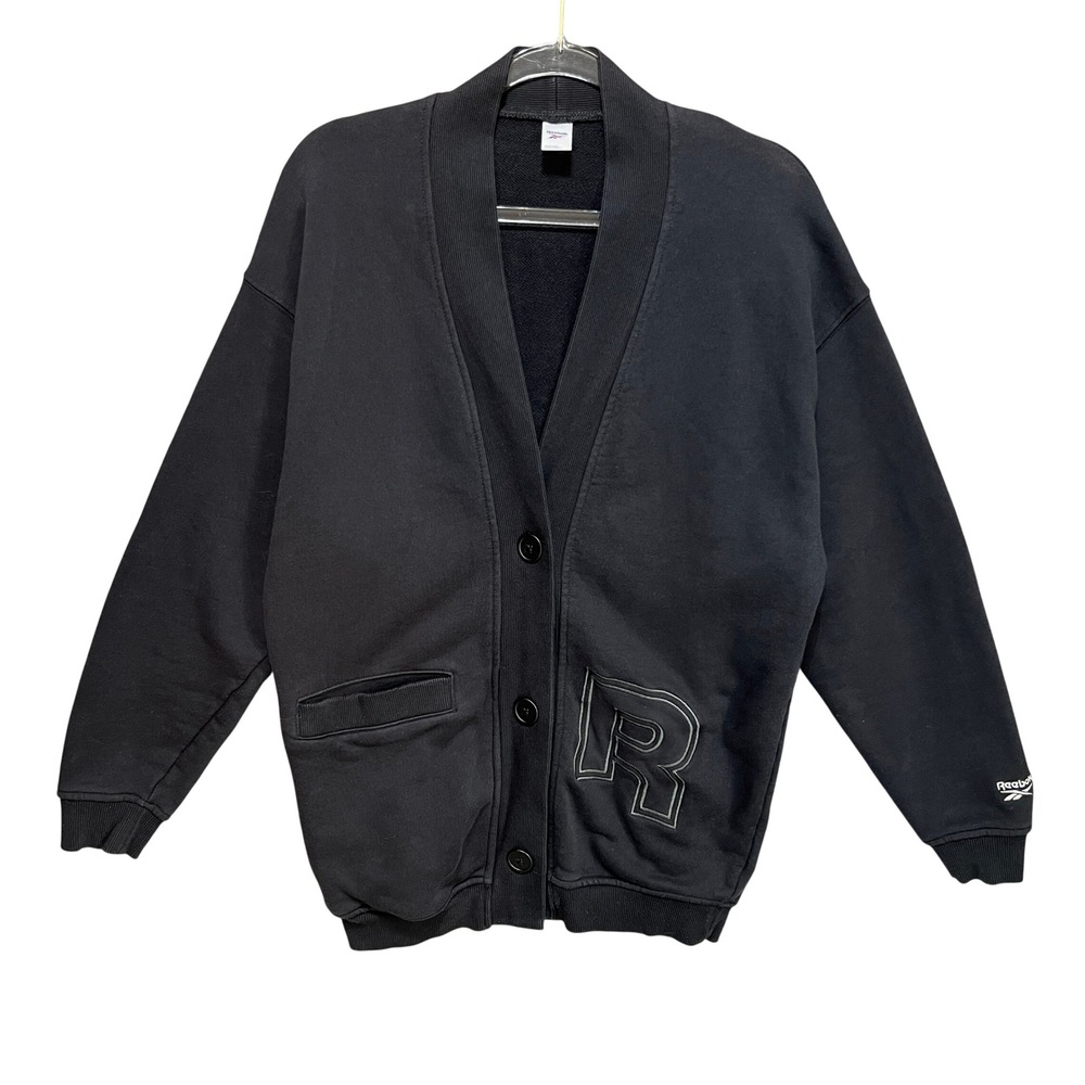 Reebok Womens Team Cover Up Cardigan Sweater Black Varsity Letter R Button Front